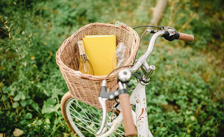 un cestino della bici con bottiglia di vino