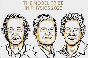 Volti vignettati dei tre vincitori del Nobel Fisica 2023
