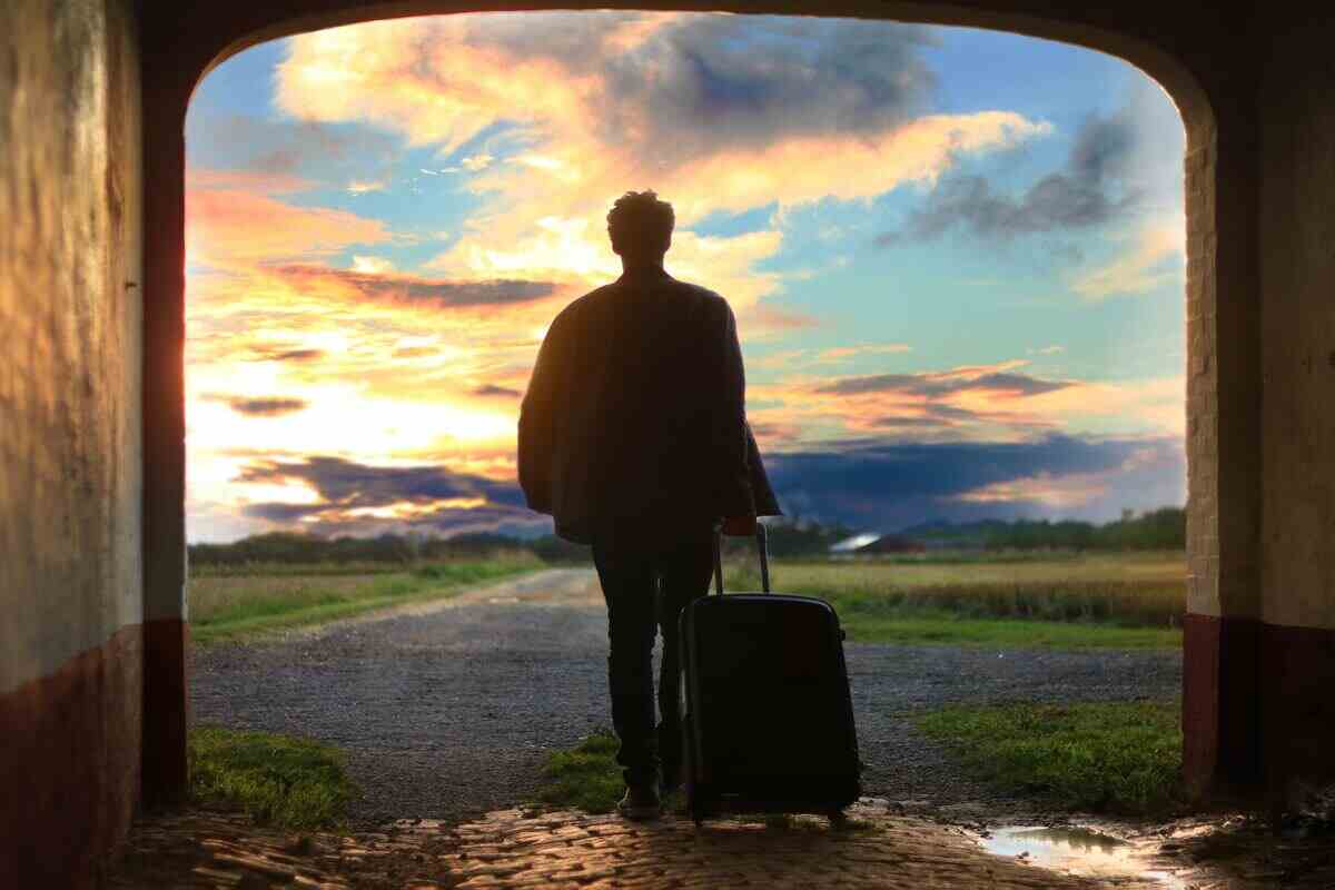 Viaggiatore con panorama e valigia